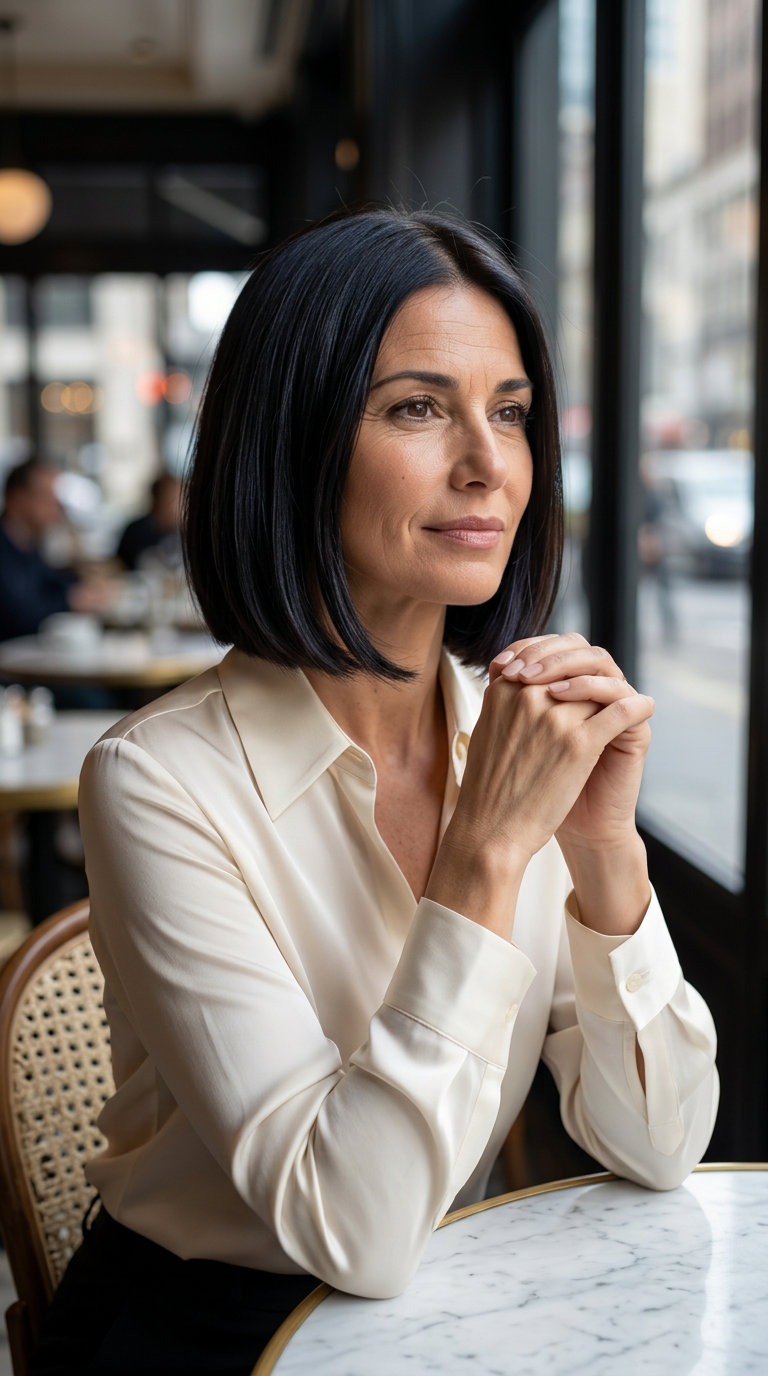 short blunt espresso brunette bob with high-gloss finish and subtle cool lowlights for summer