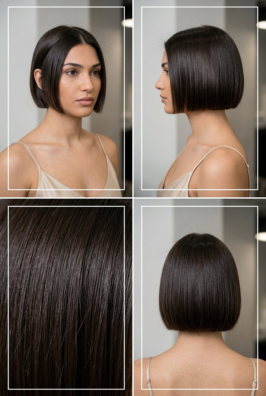 short crop haircut with deep espresso brown, razor-sharp perimeter, no fringe — minimalist