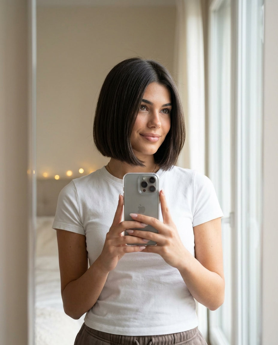 short french bob haircut with rich espresso, cool undertones, blunt cut — sophisticated, polished