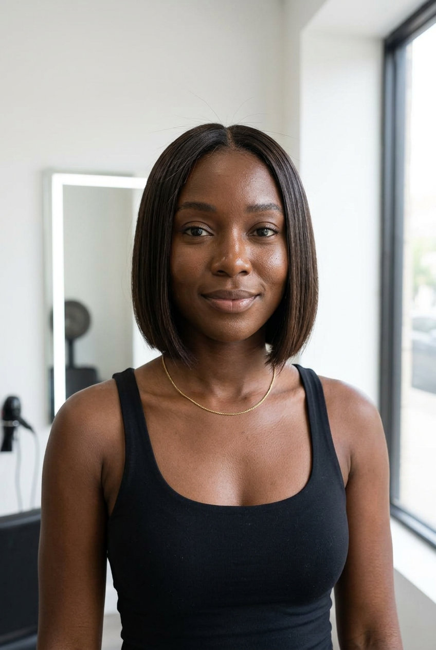 short french bob haircut with rich espresso, subtle cool undertones, blunt cut — professional, sleek