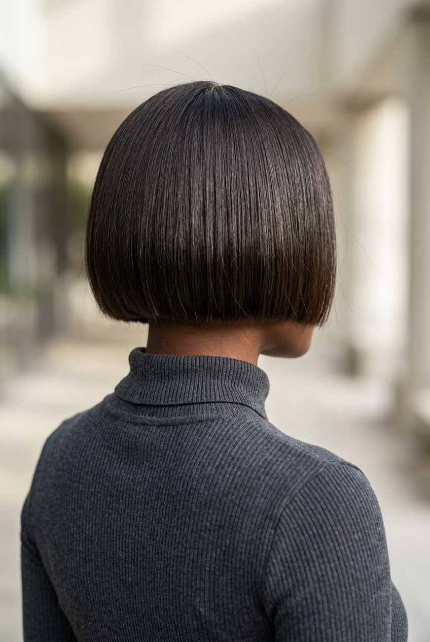 short french bob haircut with deep espresso, high-gloss finish, blunt cut — bold, sophisticated