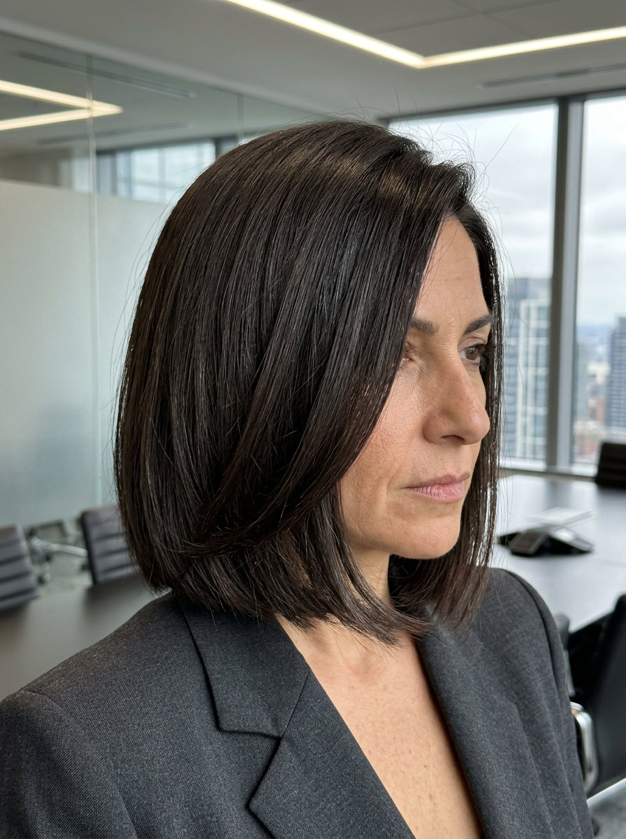 short espresso brunette Italian bob with blunt perimeter and internal layers for summer