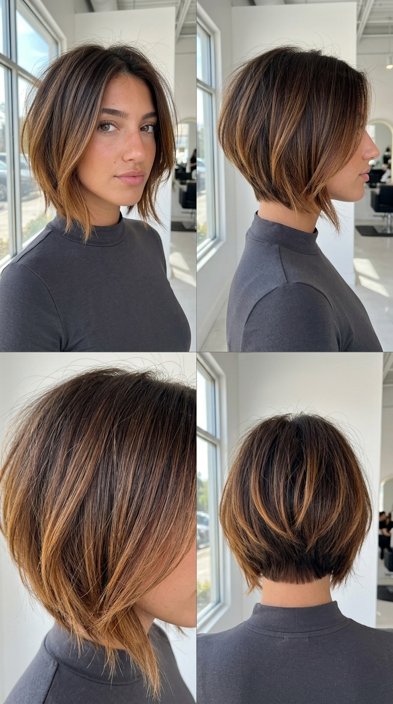 short-to-medium razor cut ombre with espresso, golden amber, warm honey, glazing technique for summer