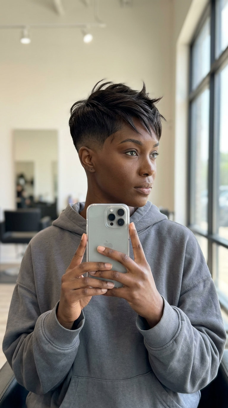Bold Espresso Clipper Fade Pixie 2026 short pixie haircut with clipper fade in espresso brunette, sculpted for round faces