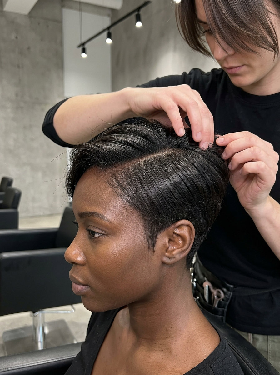 short pixie haircut in deep espresso with a sculpted finish for summer