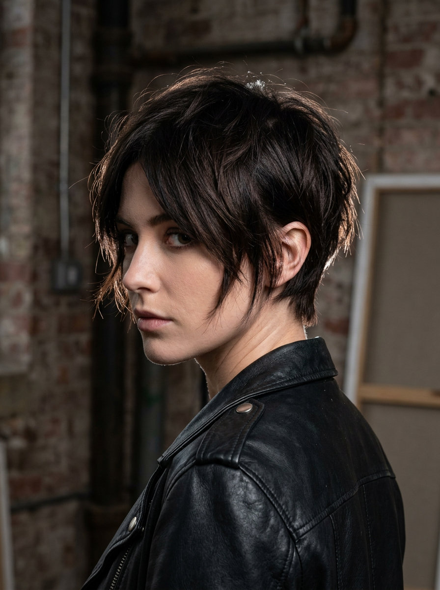short pixie haircut with espresso melt color, tapered sides and micro-bangs for modern look