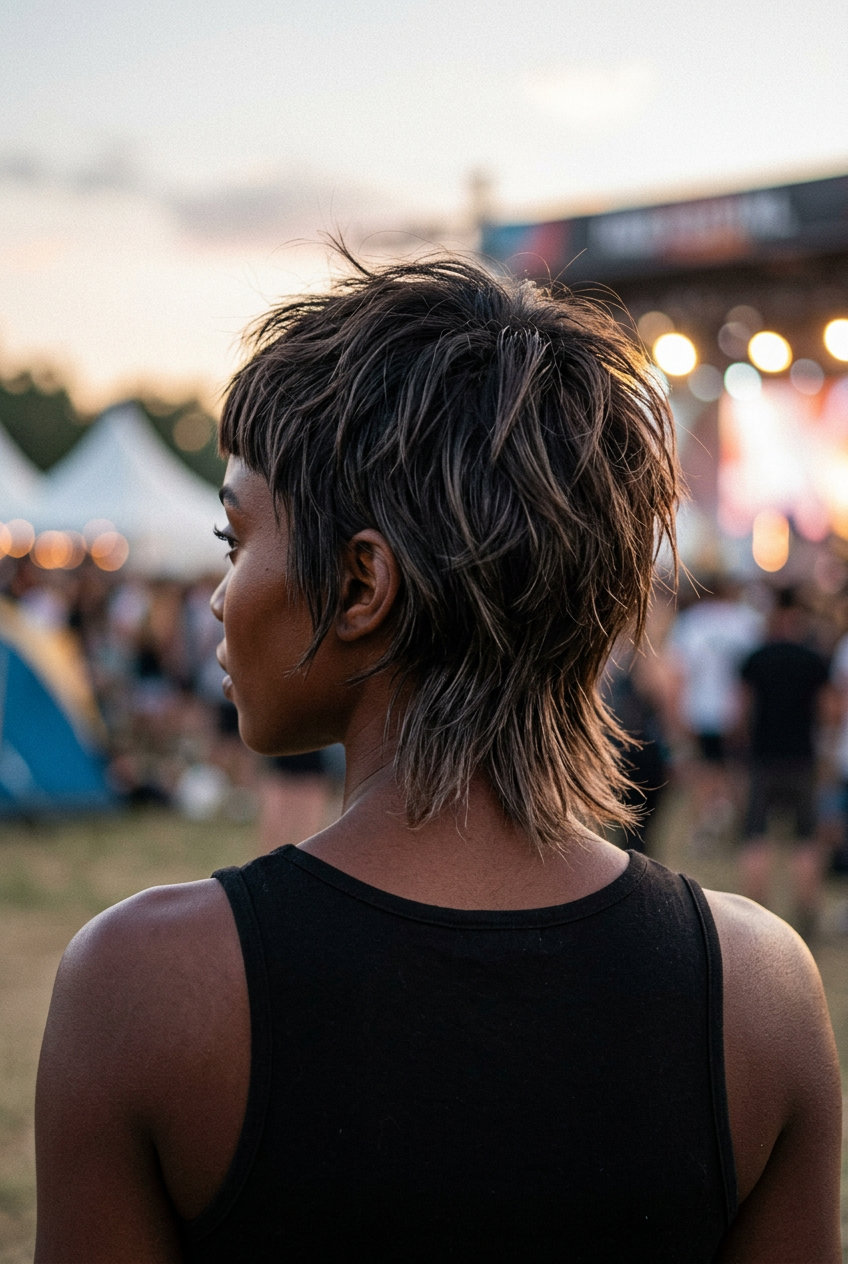 very short shullet haircut with espresso & dark roots, razored texture, micro-fringe — edgy & rebellious