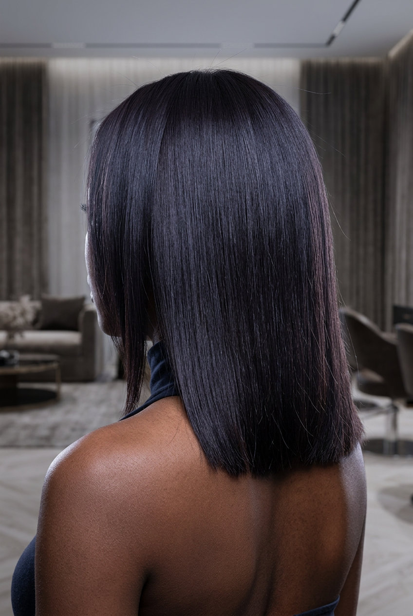 shoulder-length espresso brunette blunt cut with glass hair finish for sophisticated look