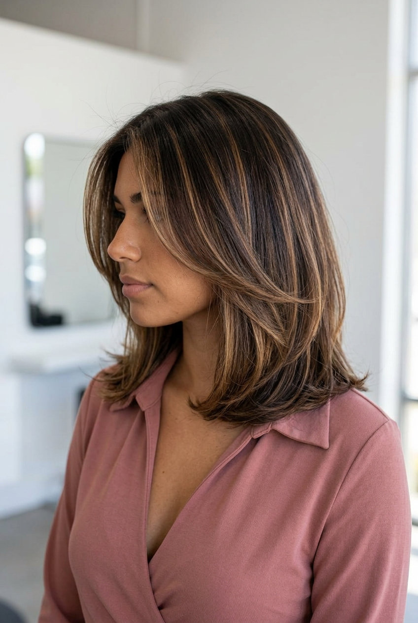 shoulder-length layered lob with deep espresso and warm caramel balayage, sun-kissed effect — effortless summer vacation
