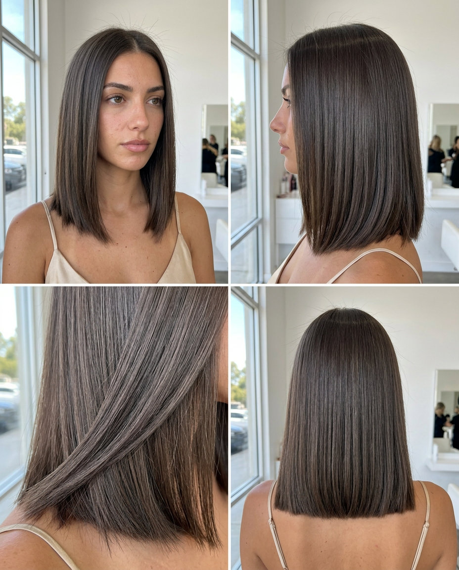 Sleek Contour Lob 2026: Espresso Brunette for Round Faces shoulder-length espresso brunette lob with cool ash undertones, blunt perimeter, no bangs — chic professional look