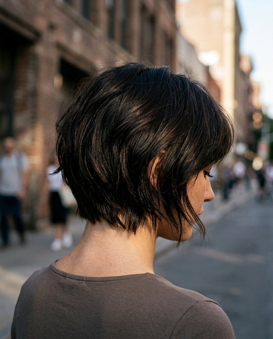 very short bixie haircut in deep cool-toned espresso, textured layers, undercut nape — edgy undone look
