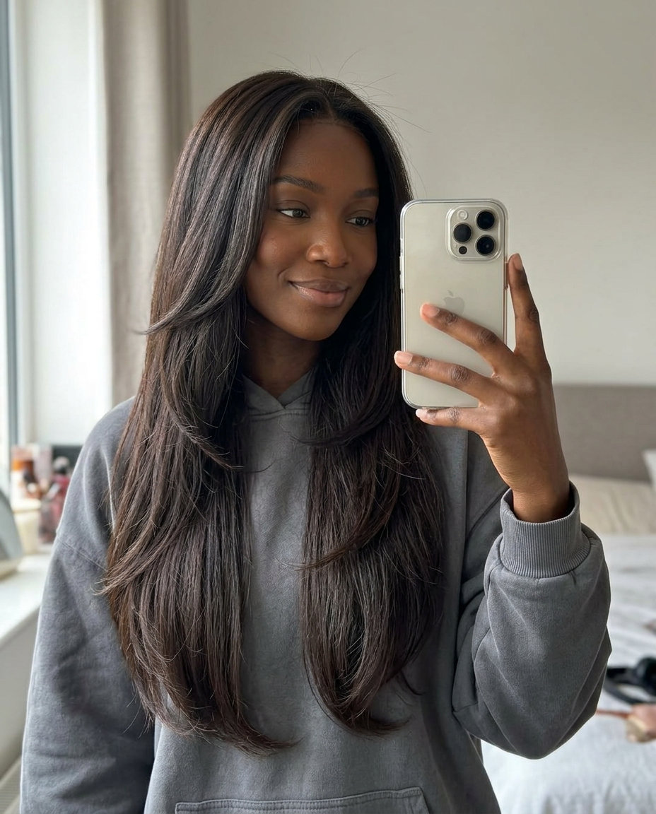long layered haircut in expensive espresso brown with subtle cool undertones for summer