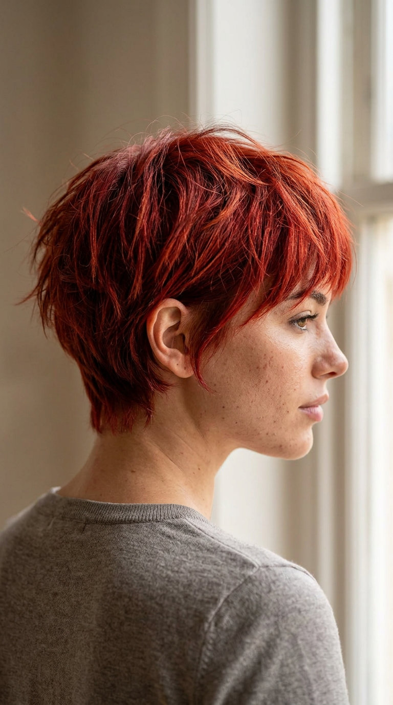 very short pixie haircut in fiery copper-red with ginger root, choppy layers, for summer