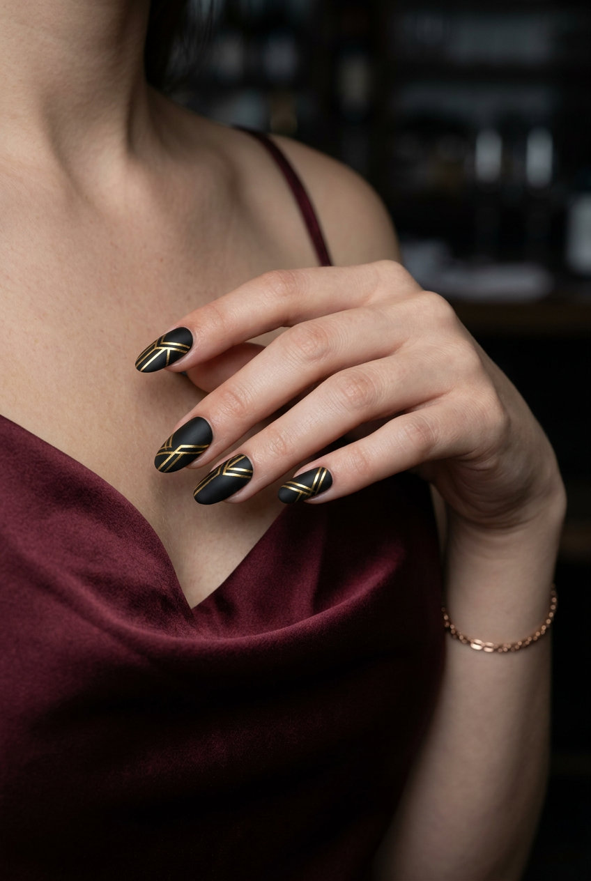 Art Deco Summer Night nails: sophisticated matte black with metallic gold geometric patterns for fun summer nails 2026.