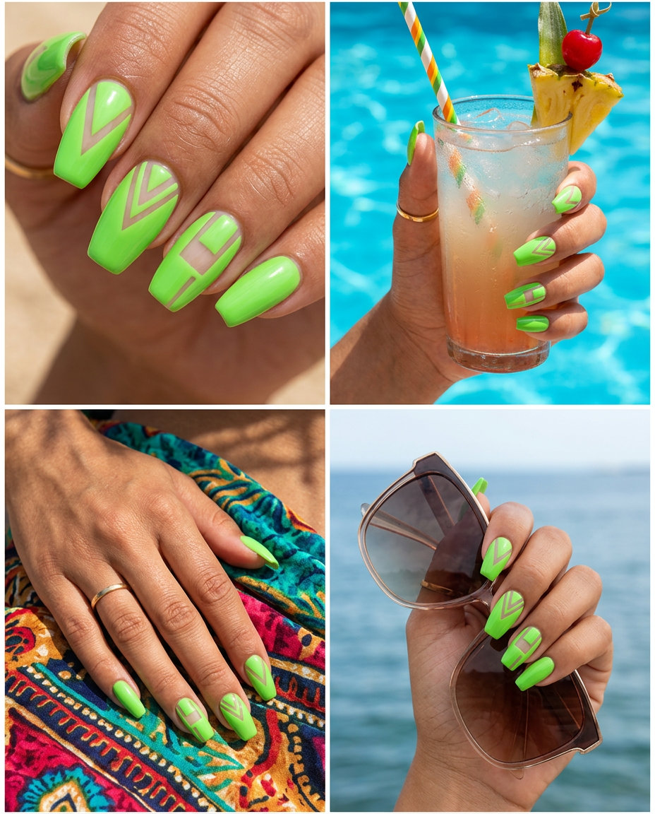 Citrus Geometric Negative Space nails: edgy lime green shapes with negative space for fun summer nails 2026.