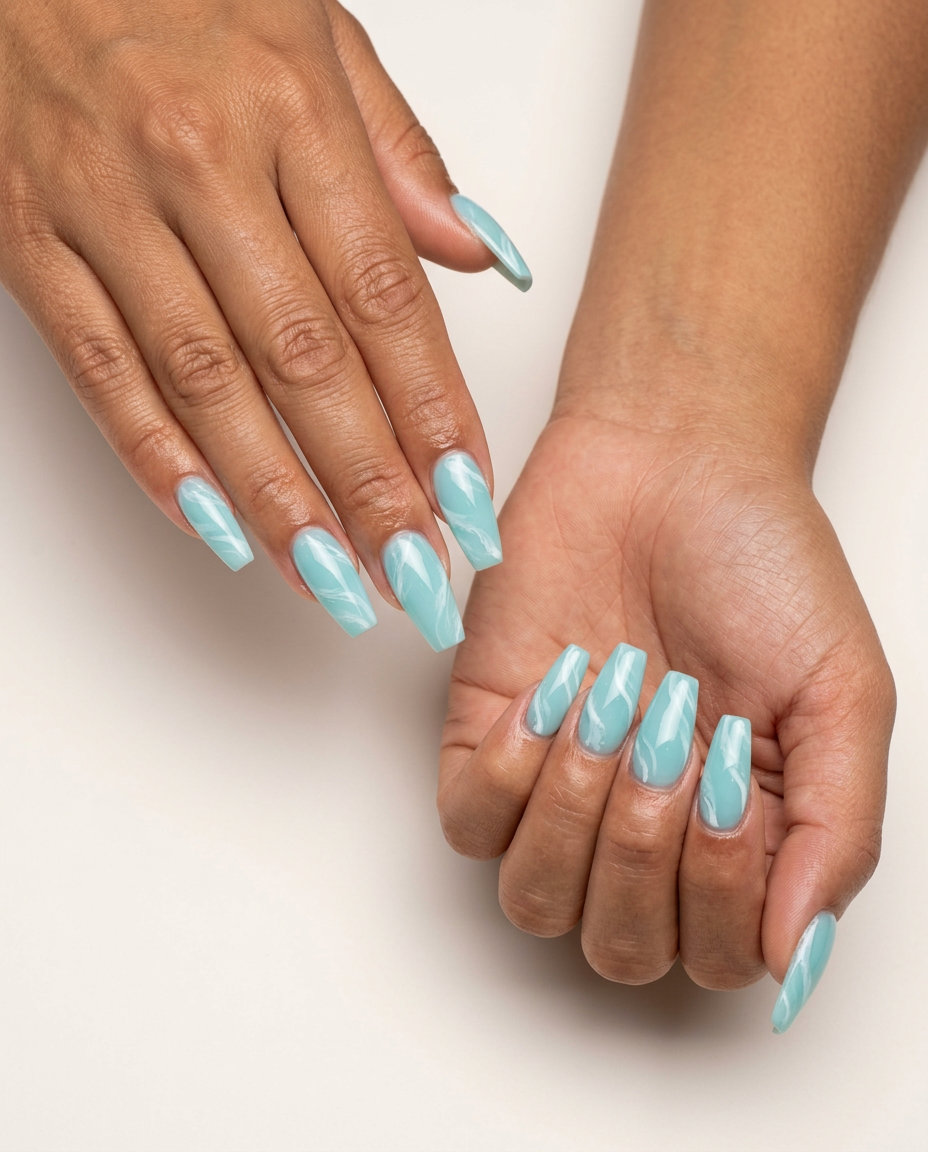 Fun summer nails 2026: Coastal Swirl Breeze nails for daily wear & vacation. Calm, serene, artistic aqua blue.