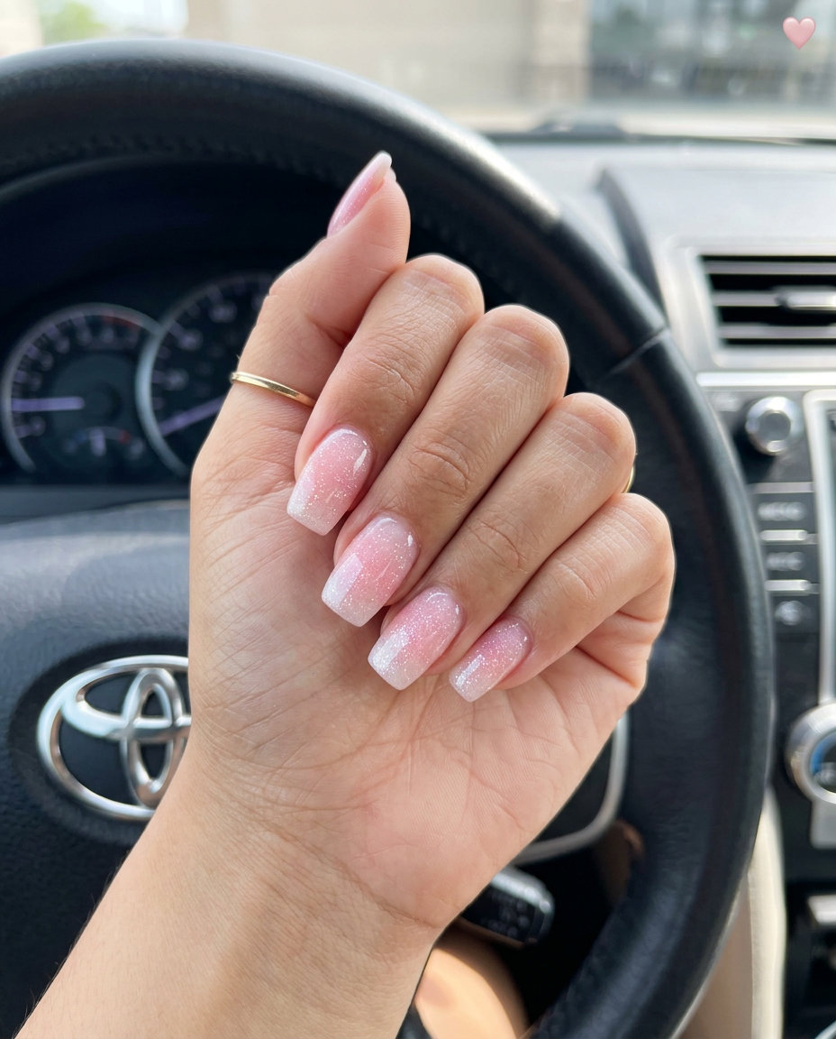 Fun summer nails 2026: Fairy Floss Sparkle Gradient nails for weddings & date nights. Romantic, ethereal, sparkling.