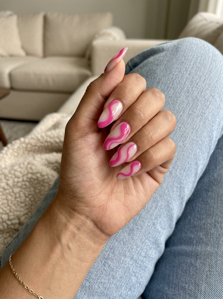 Fun summer nails 2026: Fuchsia Swirl Energy nails for festivals & parties. Playful, artistic, energetic hot pink.