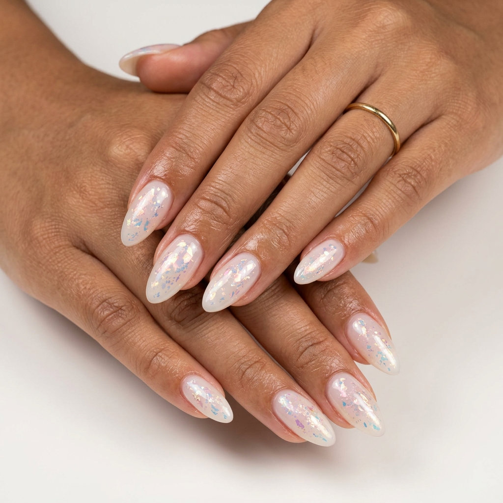 Iridescent Foil Flake Accents nails: glamorous nude base with shifting iridescent flakes for fun summer nails 2026.