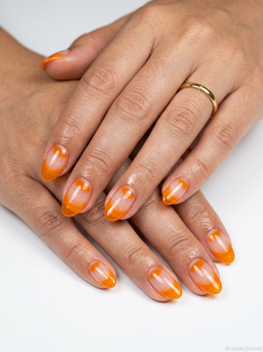 Playful jelly orange reverse French nails for vacation and casual summer days. Fun summer nails 2026.