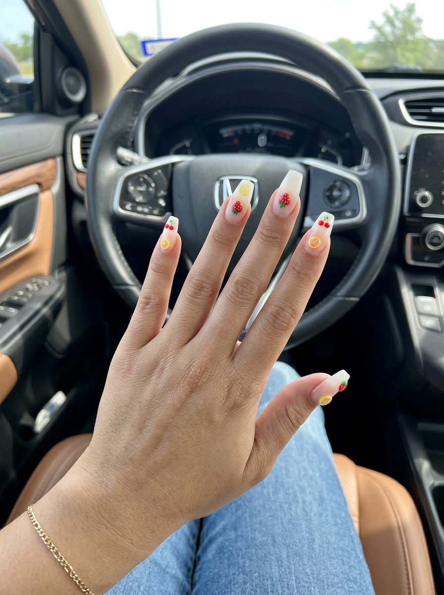 Fun summer nails 2026: Juicy Fruit Charm Nude nails for casual weekends & picnics. Playful, whimsical, sweet.