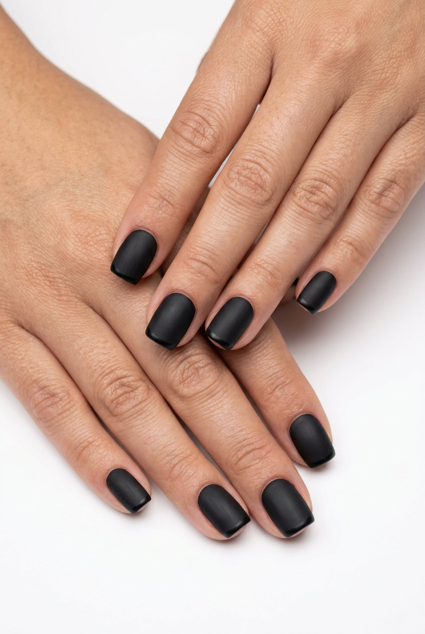 Midnight Micro French nails: edgy matte black with sharp black micro French tip for fun summer nails 2026.