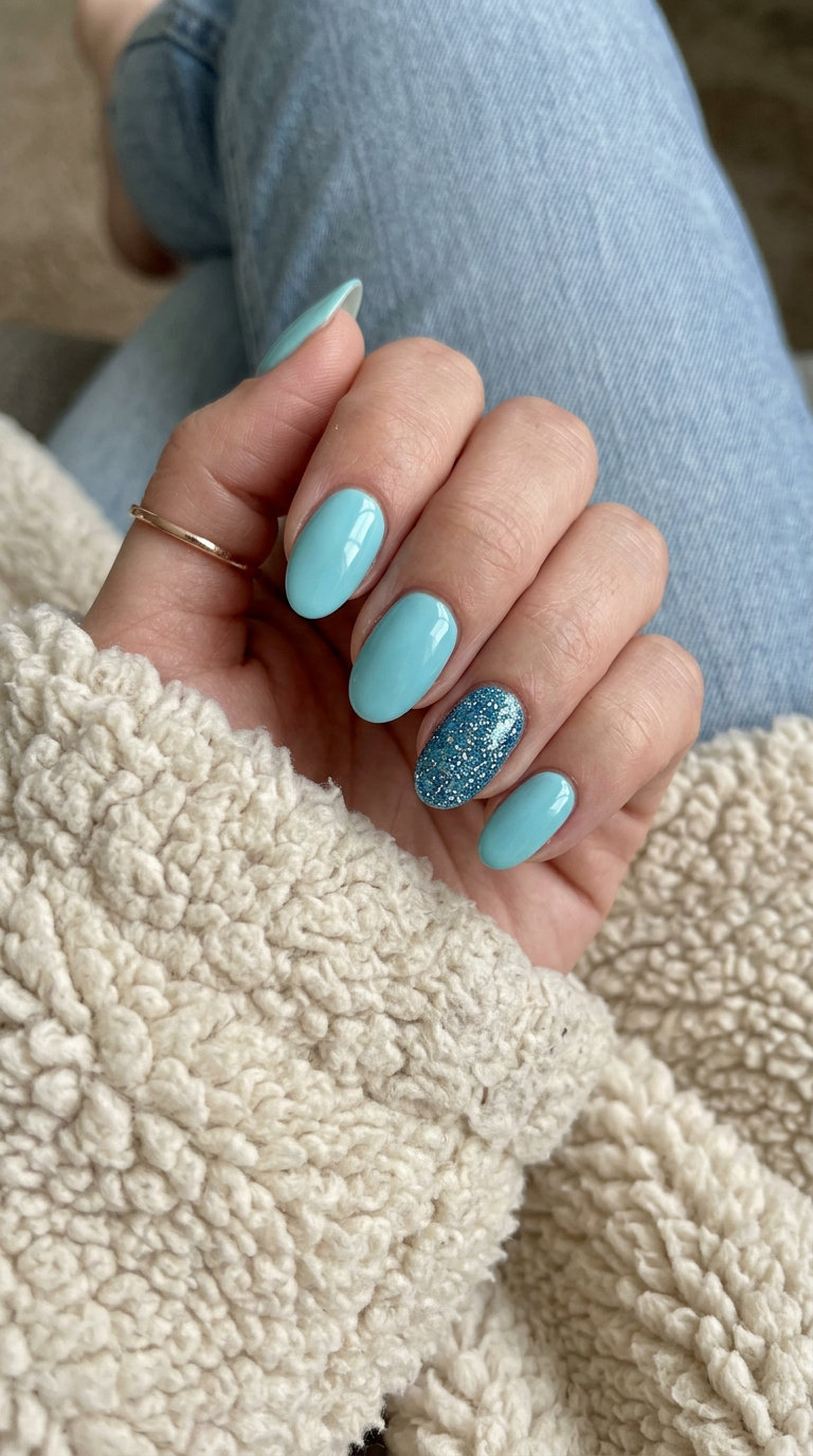 Fun summer nails 2026: Ocean Sparkle Accent nails for vacation & beach parties. Glamorous aqua blue glitter.