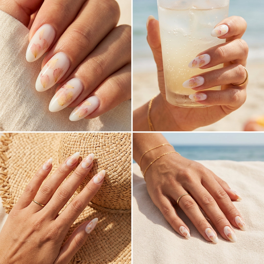 Romantic peach fuzz blossom milk bath nails for weddings and date nights. Fun summer nails 2026.
