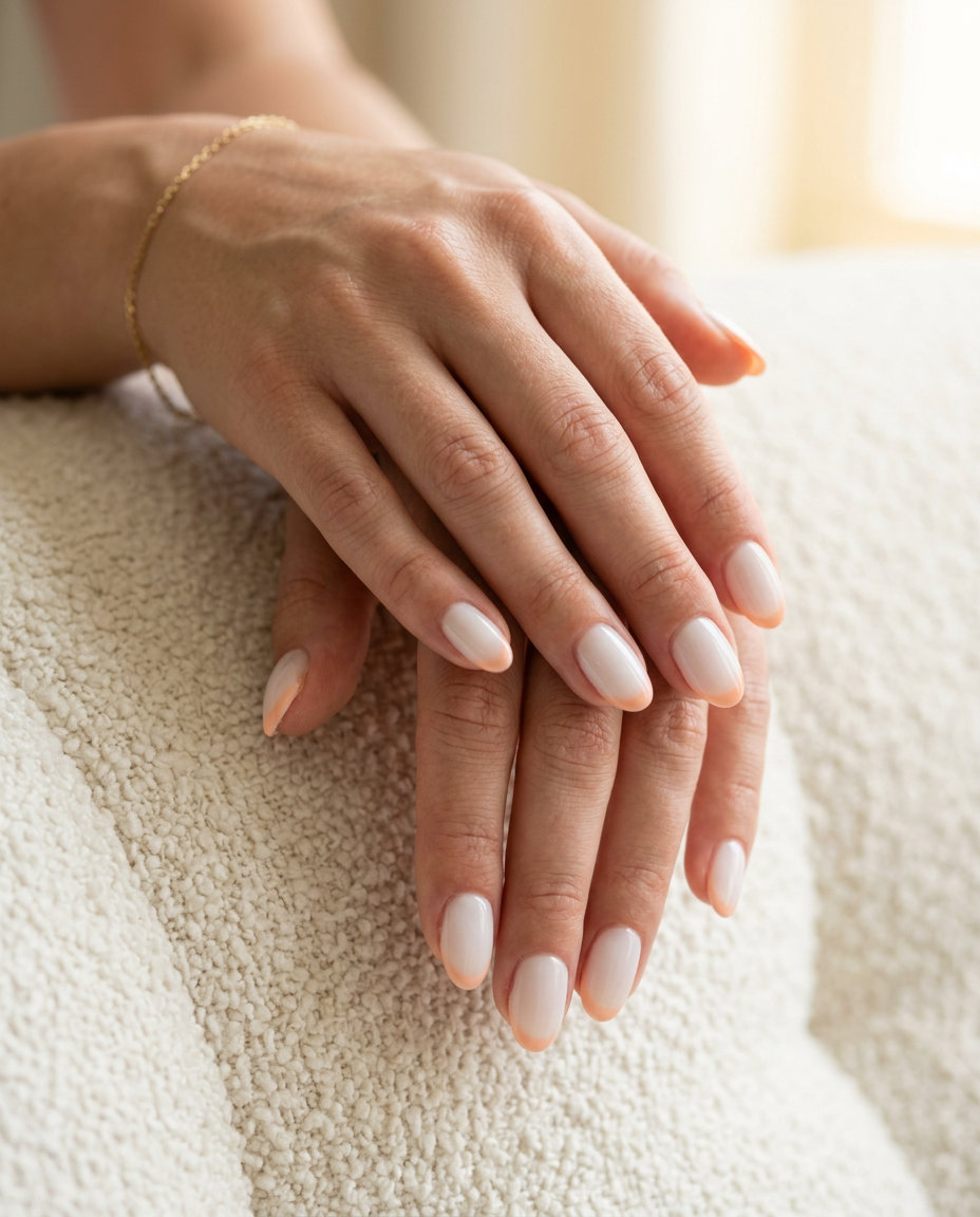 Fun summer nails 2026: Peach Fuzz Milky French nails for weddings & date nights. Soft, romantic, clean girl elegance.