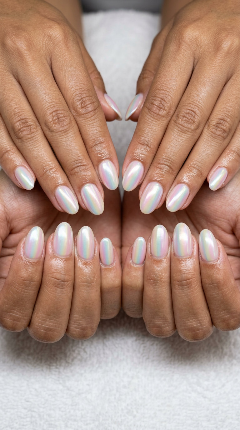 Fun summer nails 2026: Rainbow Glazed Donut nails for festivals & parties. Pastel pink, blue, yellow, green iridescent glaze.