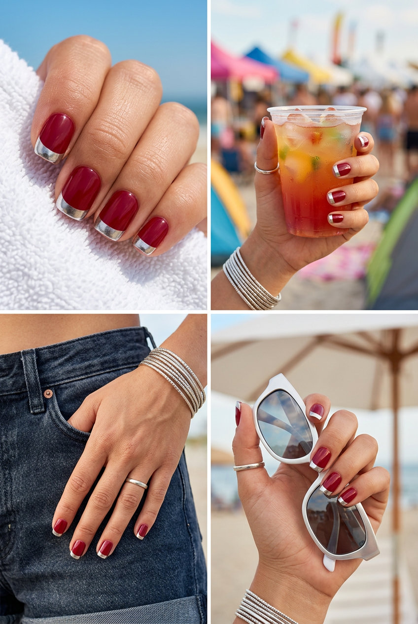 Ruby Chrome French nails: sophisticated edgy look with deep ruby red and metallic chrome tips for fun summer nails 2026.