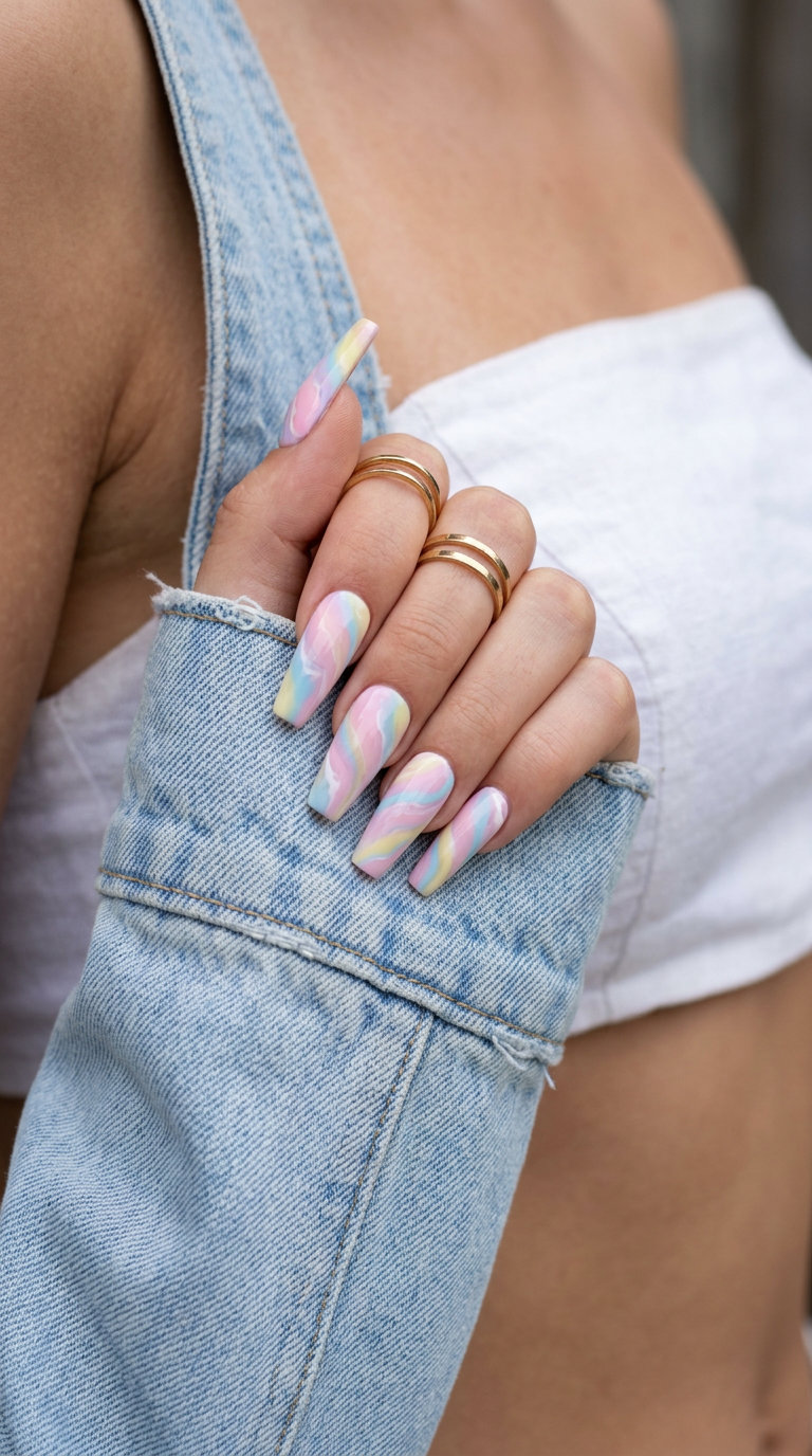 Summer Sorbet Marble nails: whimsical pastel pink, baby blue, and pale yellow marble for fun summer nails 2026.