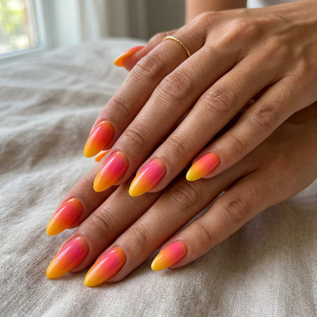 Tropical Sunset Ombre Almond nails: vibrant orange, hot pink, and yellow gradient on almond shape for fun summer nails 2026.