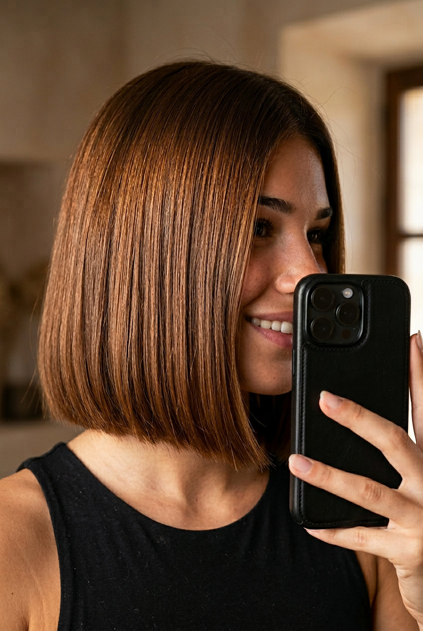 short warm chestnut brown, blunt bob with high gloss for professional sophistication