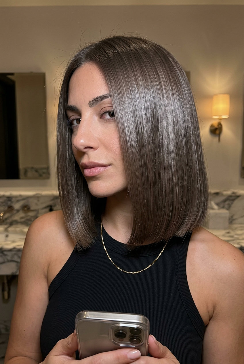 Glossy Oyster Mushroom Brown Bob 2026 short blunt bob mushroom brown hair color with pearlescent silver, monochromatic gloss — sleek professional look