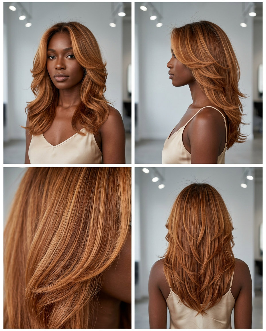 medium-long butterfly cut auburn with golden apricot babylights, face-framing layers for festivals