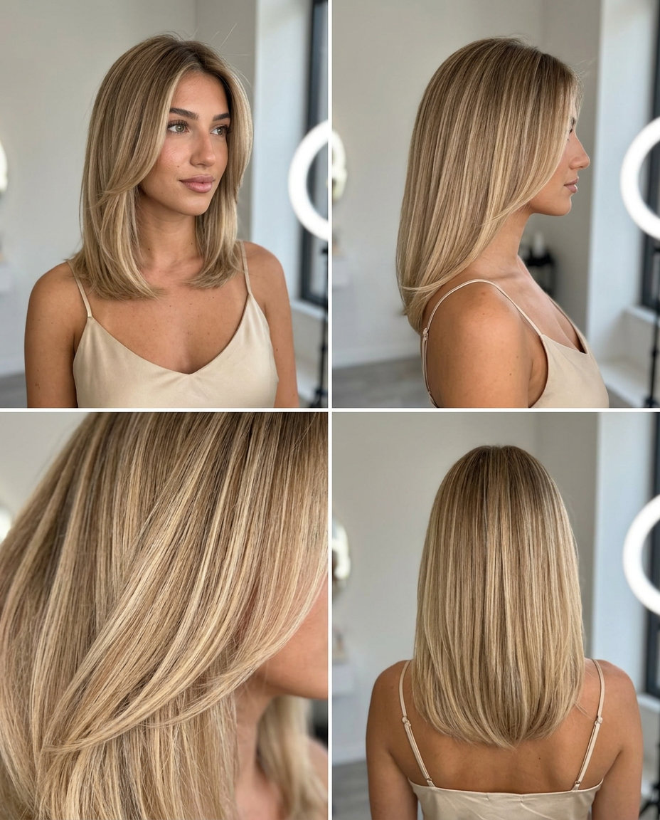 long golden beige blonde balayage with natural root blend, face-framing highlights — soft, effortless