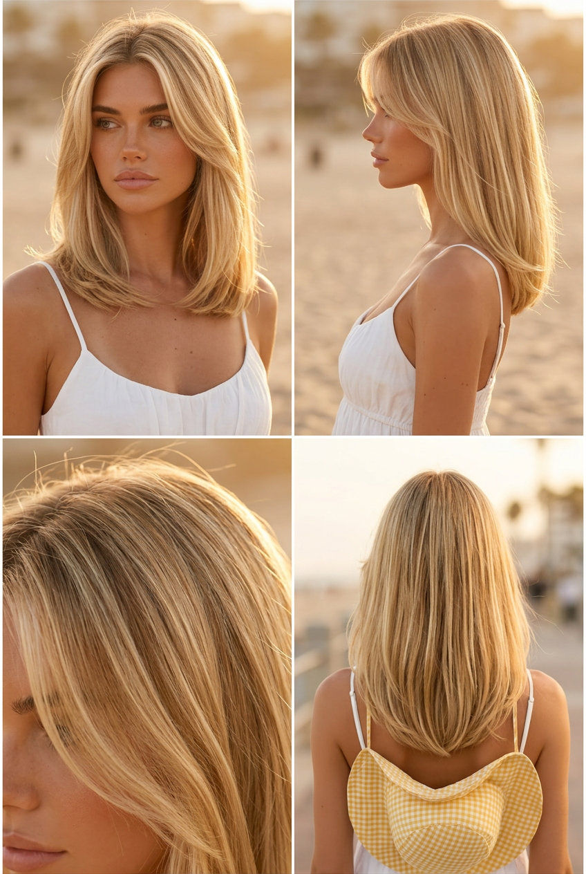 shoulder-grazing lob with golden blonde balayage, honey babylights, soft face-framing pieces — sun-kissed