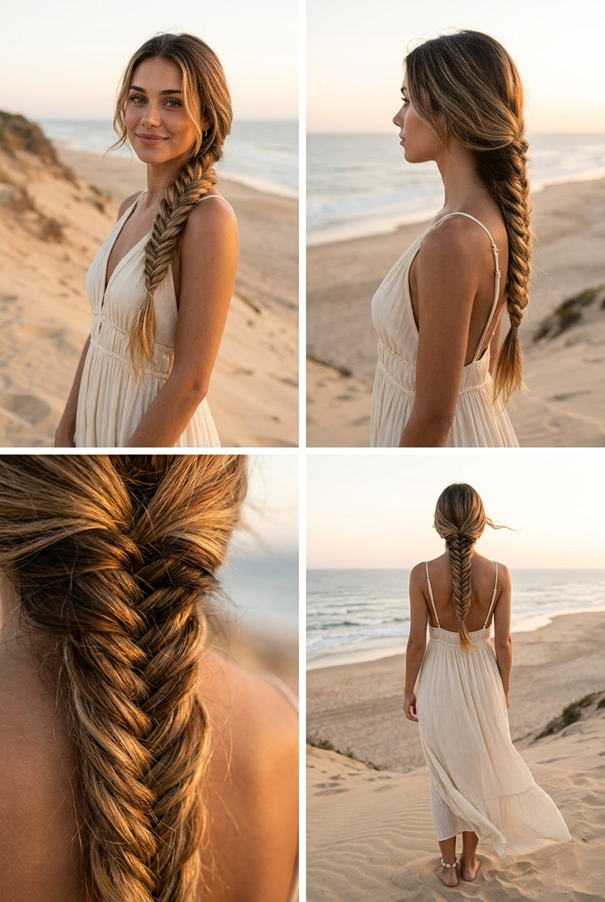 long golden blonde fishtail braid with texturizing spray and loose loops for beach day