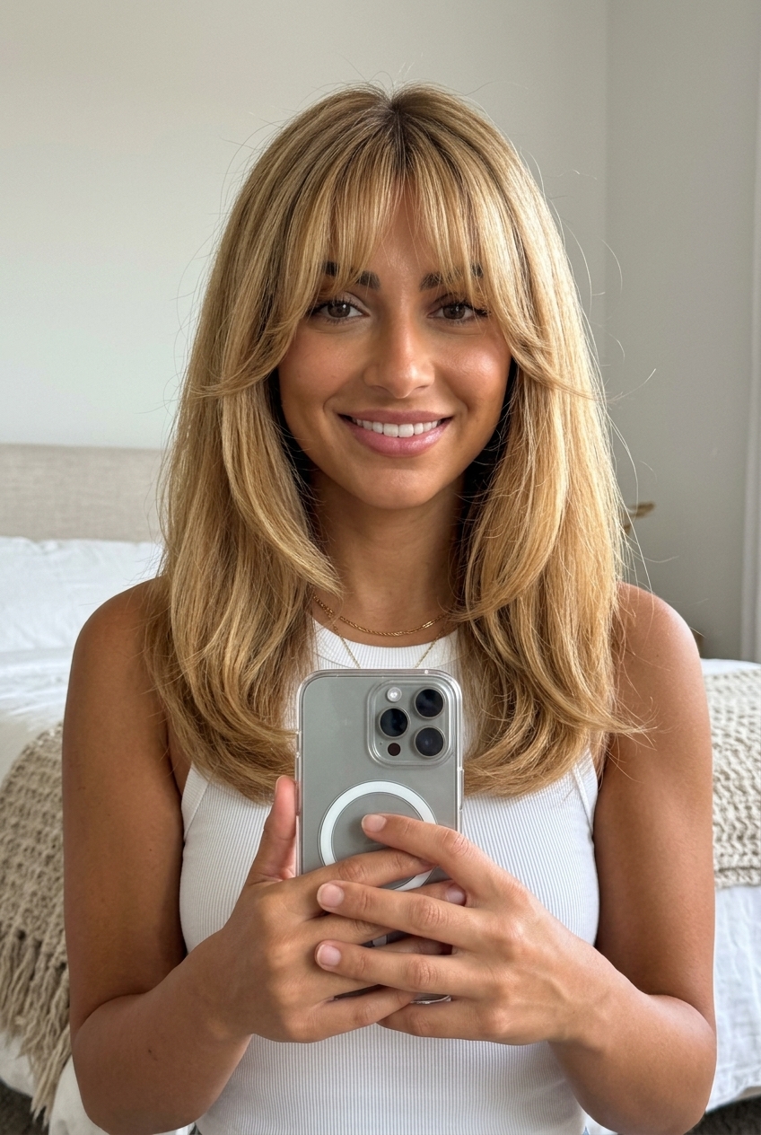 Playful Pop-Star Fringe 2026 long warm golden blonde haircut with creamy highlights and rounded fringe for summer 2026