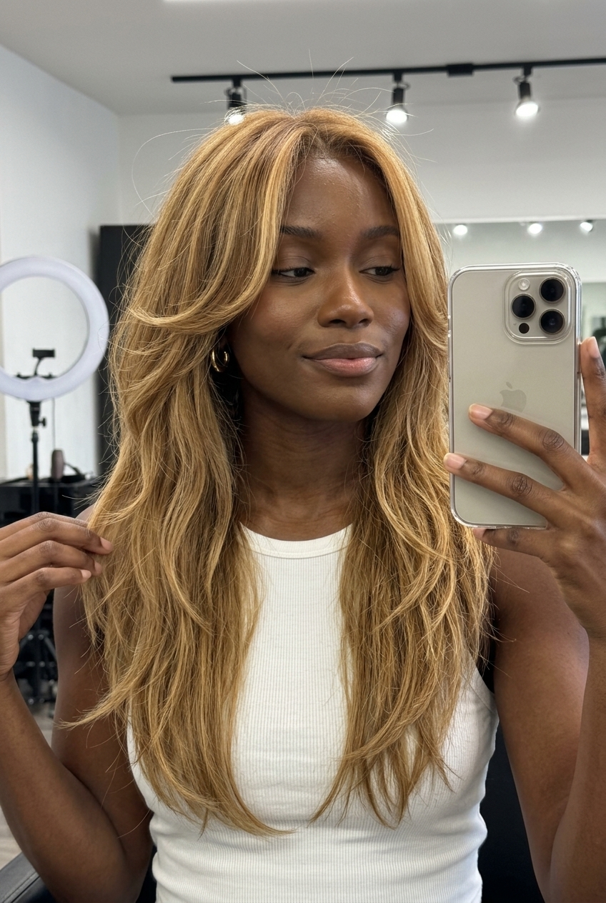 Golden Summer Shag 2026 long textured shag haircut in golden blonde balayage with honey face-framing and soft bangs
