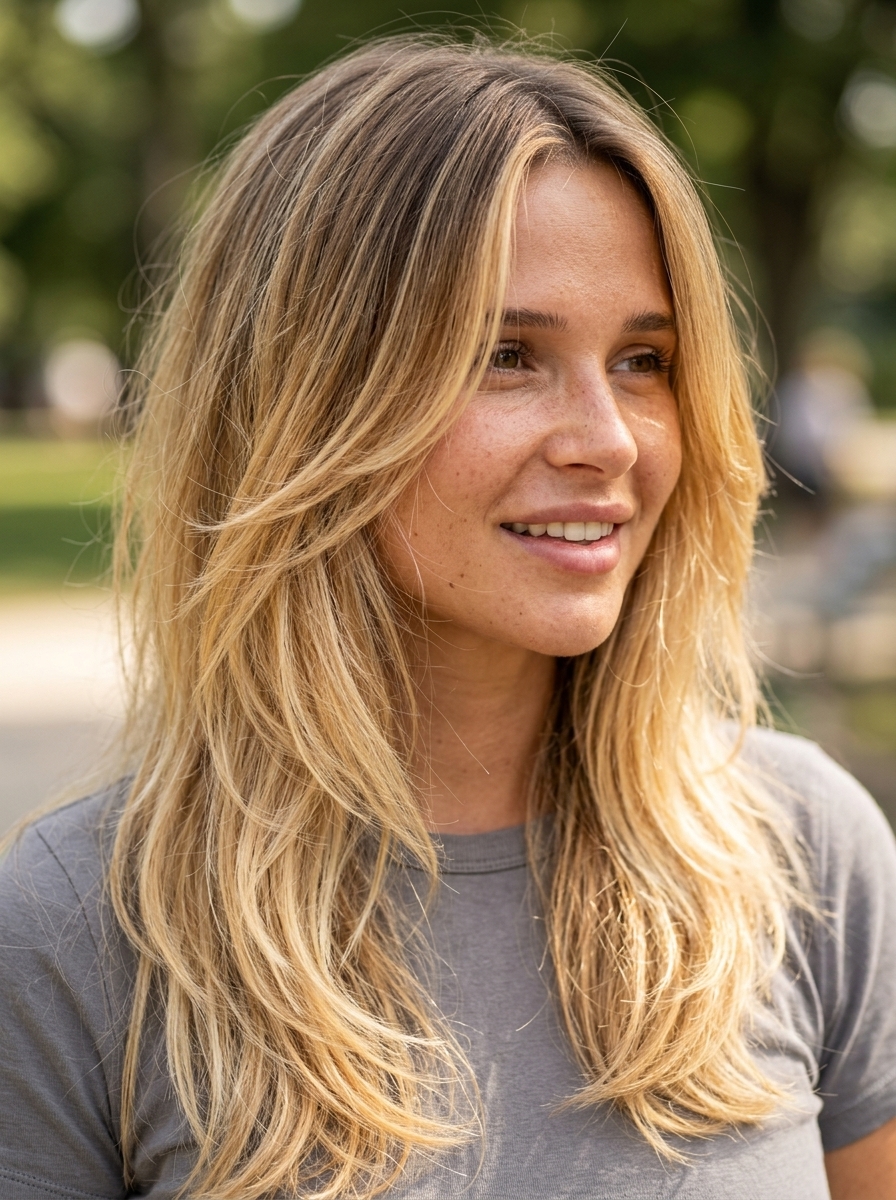 Golden Blonde Ombré Shag 2026 long textured shag haircut in golden blonde ombré with honey tones and sweeping bangs