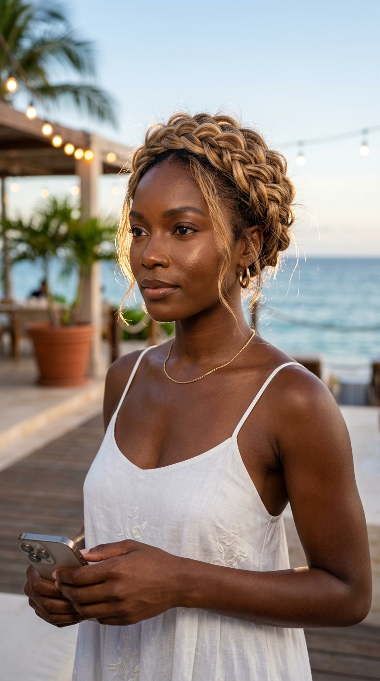long golden blonde messy summer updo hairstyle with honey balayage, Dutch braid crown, pulled-apart texture — bohemian festival look