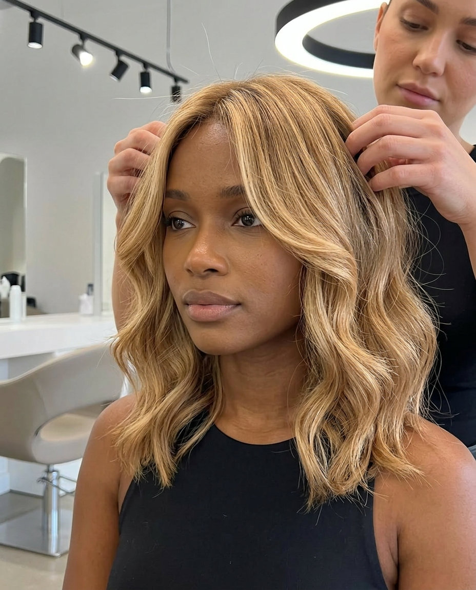 medium golden blonde lob with honey highlights, romantic Hollywood waves