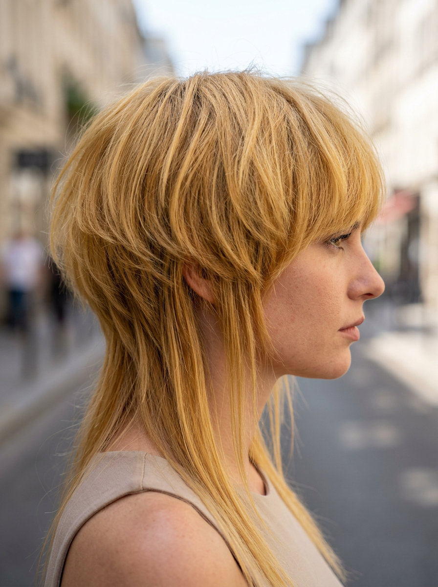 short wolf cut with golden blonde and disconnected layers for an avant-garde look