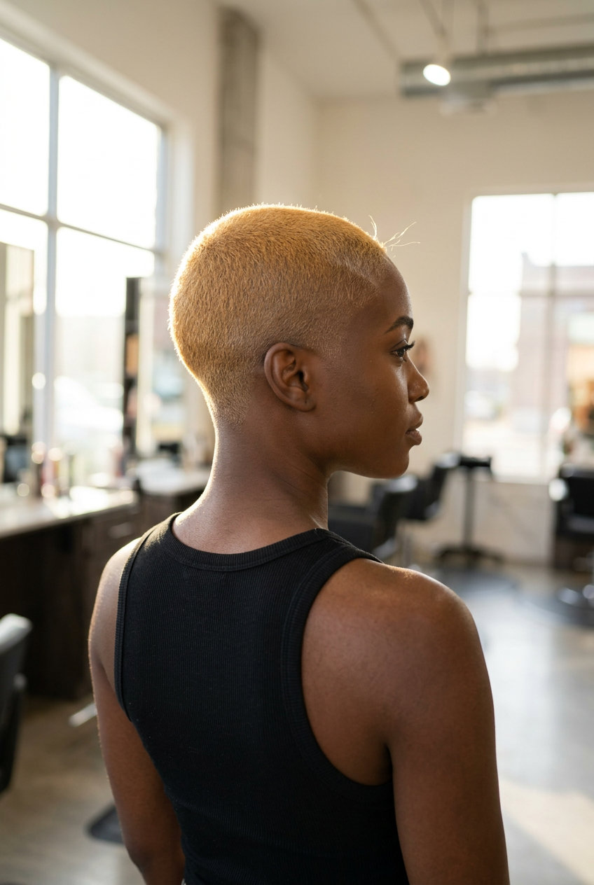 very short buzz cut in golden blonde with a clean fade for summer