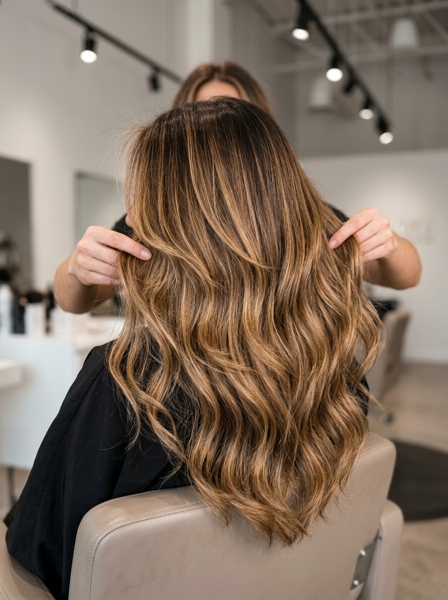 long golden brown balayage with caramel highlights and cascading layers for beach vacations