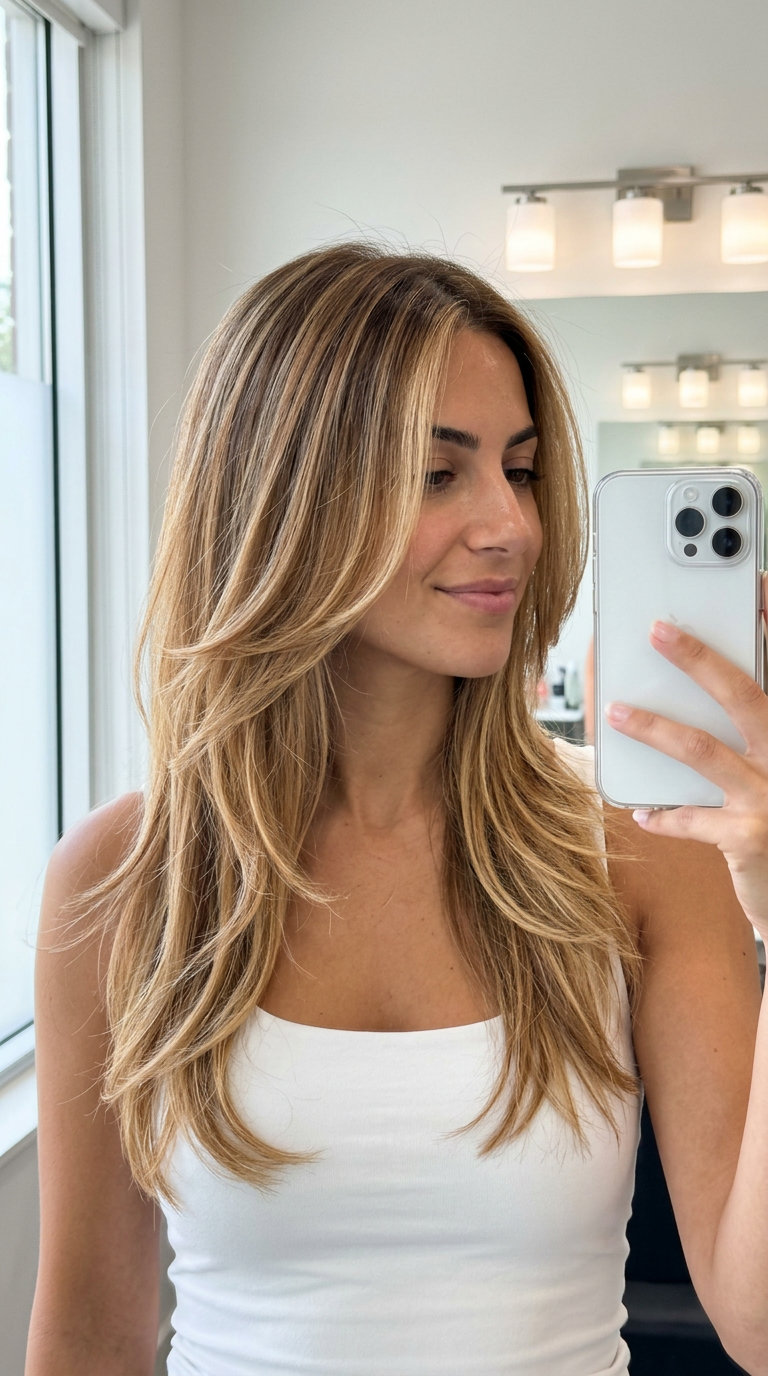 long butterfly haircut with golden caramel balayage and face-framing layers for summer