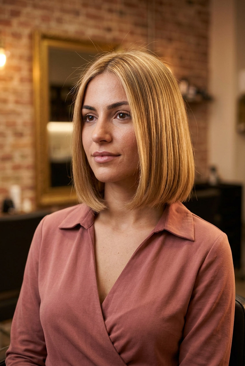 chin-length blunt bob in golden honey blonde with caramel root smudge for date night