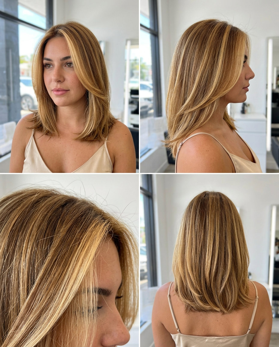 long golden honey blonde money pieces with warm blonde base, isolated foil application — radiant, bold